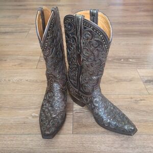 Lucchese Sierra Western Boots Brown Espresso Gold Scroll Snip Toe Size 9B